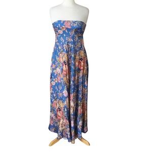 Zimmermann August Floral Linen Bandeau Midaxi Strapless Dress Dusty Blue